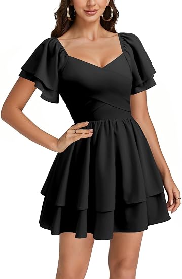 Women's Tie Back Wrap V Neck Ruffle Hem Mini Dress | Short Sleeve Flowy A Line Dresses